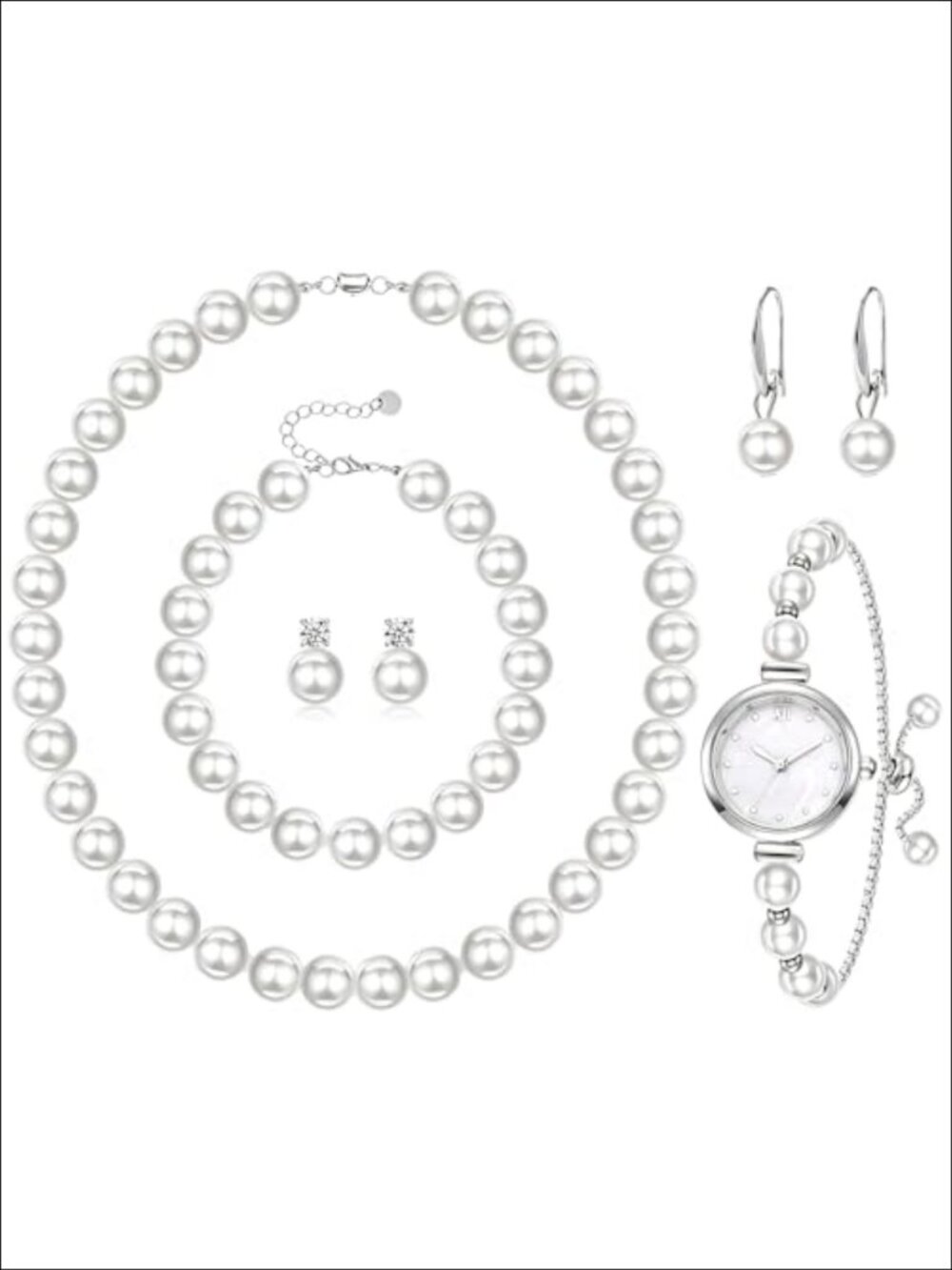 Pearl Jewelry Set 5 Pieces Necklace Earrings Bracelet Watch Alloy Costume